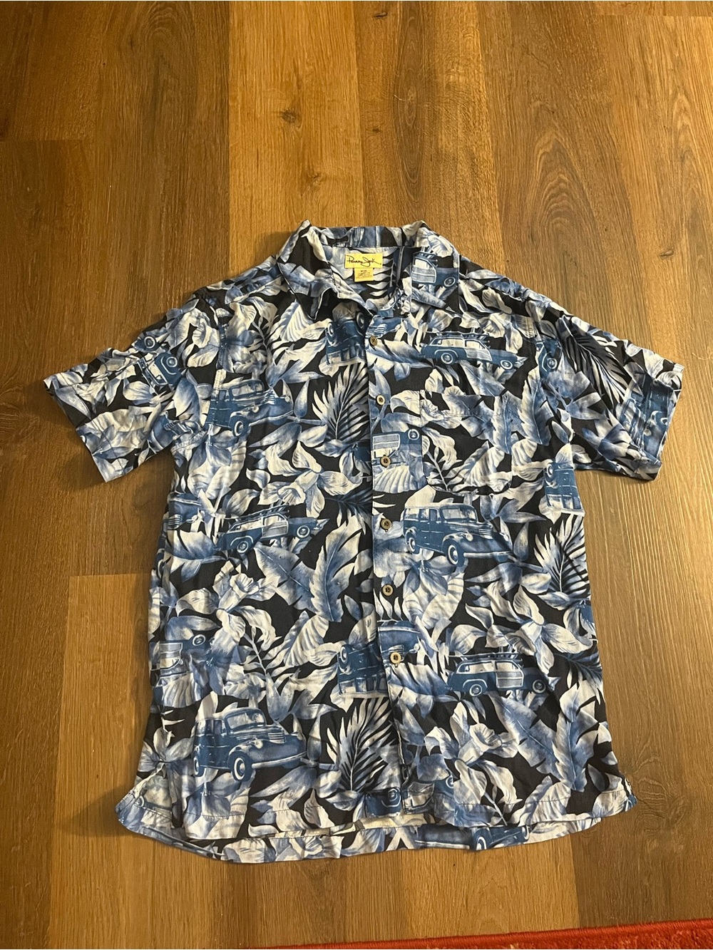 Vintage Panama Jack Blue and White Tropical Car Print Button-Down Shirt